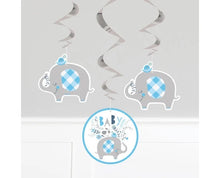 Load image into Gallery viewer, Blue Checkered Elephant Hanging Swirl Decorations - 3ct