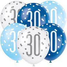 Load image into Gallery viewer, 12" Glitz Light Blue, Royal Blue, & White Latex Balloons 30 - 6ct