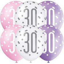 Load image into Gallery viewer, 12" Glitz Petal Pink, Spring Lavender, & White Latex Balloons 30 - 6ct