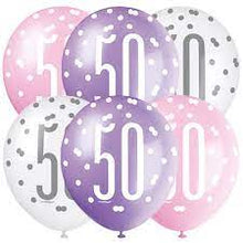 Load image into Gallery viewer, 12" Glitz Petal Pink, Spring Lavender, & White Latex Balloons 50 - 6ct