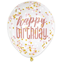 Load image into Gallery viewer, 12" Clear Printed Rose Gold "Happy Birthday" Balloons with Confetti