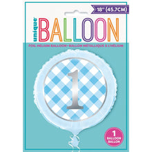 Load image into Gallery viewer, Blue Gingham 1st Birthday Foil Balloon - 18"