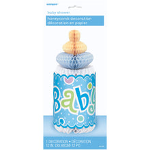 Load image into Gallery viewer, Blue Dots Baby Shower Bottle Shaped Honeycomb Decoration, 12''