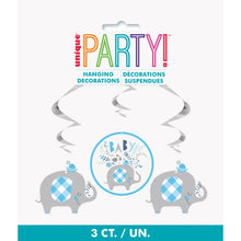 Load image into Gallery viewer, Blue Checkered Elephant Hanging Swirl Decorations - 3ct