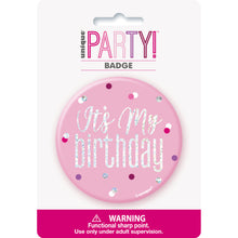 Load image into Gallery viewer, Glitz Pink & Silver Birthday Badge "It's My Birthday"