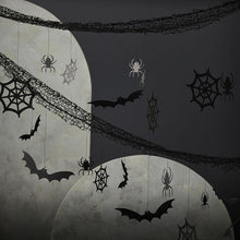 Load image into Gallery viewer, Halloween Backdrop with Hanging Spiders, Bats and Cobwebs