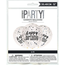 Load image into Gallery viewer, 12" Clear Printed Glitz "Happy Birthday" Balloons with Confetti, Black & Silver