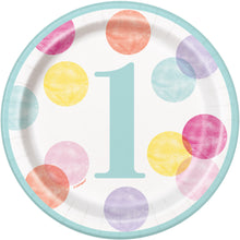 Load image into Gallery viewer, Pink Dots 1st Birthday Round 7" Dessert Plates - 8ct