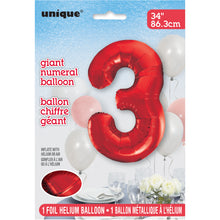 Load image into Gallery viewer, Red Number 3 Shaped Foil Balloon 34"