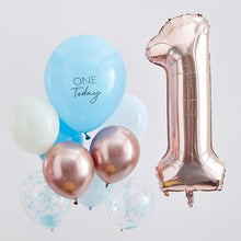 Load image into Gallery viewer, Blue and Rose Gold First Birthday Balloon Bouquet