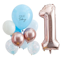 Load image into Gallery viewer, Blue and Rose Gold First Birthday Balloon Bouquet