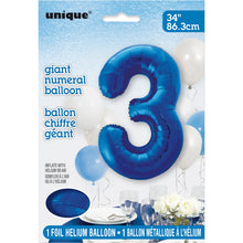 Load image into Gallery viewer, Blue Number 3 Shaped Foil Balloon 34"