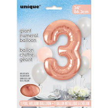 Load image into Gallery viewer, Rose Gold Number 3 Shaped Foil Balloon 34"