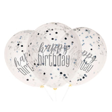 Load image into Gallery viewer, 12" Clear Printed Glitz "Happy Birthday" Balloons with Confetti, Black & Silver