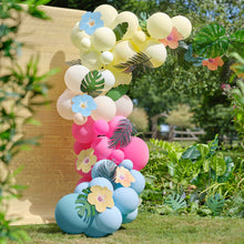 Load image into Gallery viewer, Blue, Pink, Green & Yellow Hawaiian Tiki Balloon Arch with Tropical Flowers and Foliage