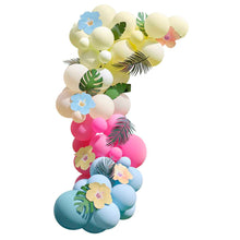 Load image into Gallery viewer, Blue, Pink, Green & Yellow Hawaiian Tiki Balloon Arch with Tropical Flowers and Foliage
