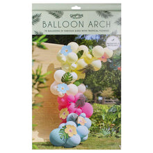 Load image into Gallery viewer, Blue, Pink, Green & Yellow Hawaiian Tiki Balloon Arch with Tropical Flowers and Foliage