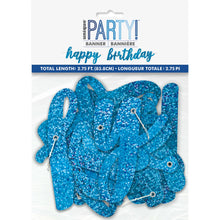 Load image into Gallery viewer, Blue Glitz Script "Happy Birthday" Prismatic Foil Jointed Banner, 2pc