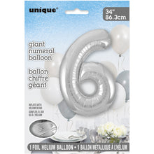 Load image into Gallery viewer, Silver Number 6 Shaped Foil Balloon 34"