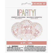 Load image into Gallery viewer, 12" Clear Printed Rose Gold "Happy Birthday" Balloons with Confetti
