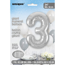 Load image into Gallery viewer, Silver Number 3 Shaped Foil Balloon 34"