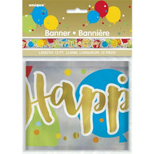 Load image into Gallery viewer, Balloons &amp; confetti gold b-day foil banner 12ft
