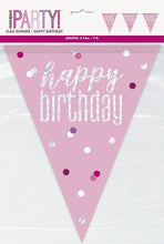 Load image into Gallery viewer, "Happy Birthday" Glitz Pink &amp; Silver Prismatic Plastic Flag Banner (9ft)
