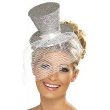 Load image into Gallery viewer, Fever Glitter Mini Top Hat On Headband Silver/ Black
