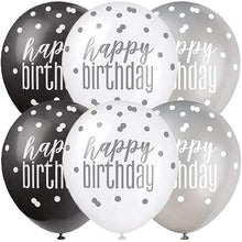 Load image into Gallery viewer, 12&quot; Black, Silver &amp; White Latex Balloons &quot;Happy Birthday&quot;
