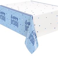 Load image into Gallery viewer, Glitz Blue &amp; Silver "Happy Birthday" Plastic Table Cover, 54"x84"
