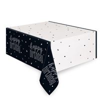 Load image into Gallery viewer, Glitz Black &amp; Silver "Happy Birthday" Plastic Table Cover, 54"x84"
