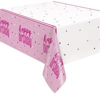 Load image into Gallery viewer, Glitz Pink &amp; Silver "Happy Birthday" Plastic Table Cover, 54"x84"
