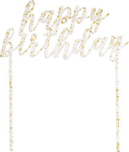 Load image into Gallery viewer, Clear Gold Fleck Plastic Happy Birthday Cake Topper
