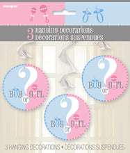 Load image into Gallery viewer, Gender Reveal Hanging Swirl Decorations 26" 3ct
