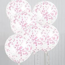 Load image into Gallery viewer, Clear Latex Balloons with Hot Pink Confetti 12&quot;, 6ct
