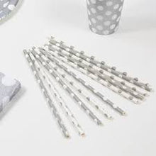 Load image into Gallery viewer, Silver White Dot Paper Straws - 10 Pack
