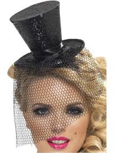 Load image into Gallery viewer, Fever Glitter Mini Top Hat On Headband Silver/ Black
