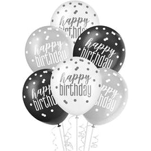 Load image into Gallery viewer, 12&quot; Glitz Black, Silver, &amp; Pearl White Latex Balloons &quot;Happy Birthday&quot;
