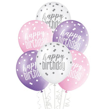 Load image into Gallery viewer, 12&quot; Glitz Petal Pink, Spring Lavender, &amp; White Latex Balloons &quot;Happy Birthday&quot; - 6ct
