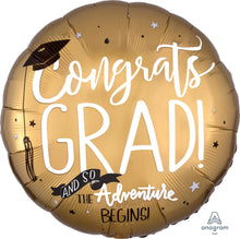 Load image into Gallery viewer, The Adventure Begins Congrats Grad Gold Round Foil Balloon, 28&quot;
