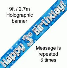 Load image into Gallery viewer, Happy 3rd Birthday Foil Holographic Banner, Blue, 9ft
