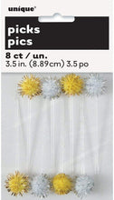 Load image into Gallery viewer, Gold and Silver Pom Pom Food Picks - Pack of 8
