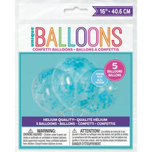 Load image into Gallery viewer, Clear Latex Balloons with Powder Blue Heart-Shaped Confetti 16&quot;, 5ct
