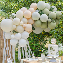 Load image into Gallery viewer, Taupe, Peach &amp; Sage Balloon Arch with Eucalyptus, Sage Foliage and Streamers

