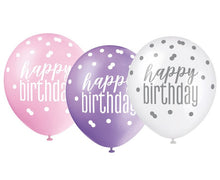 Load image into Gallery viewer, 12&quot; Glitz Petal Pink, Spring Lavender, &amp; White Latex Balloons &quot;Happy Birthday&quot; - 6ct
