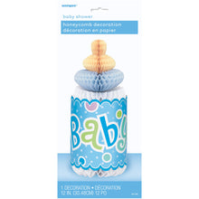 Load image into Gallery viewer, Blue Dots Baby Shower Bottle Shaped Honeycomb Decoration, 12&#39;&#39;
