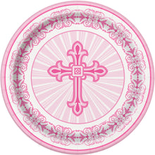 Load image into Gallery viewer, Pink Radiant Cross Round 7&quot; Dessert Plates, 8ct
