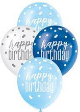Load image into Gallery viewer, 12&quot; Glitz Light Blue, Royal Blue, &amp; Pearl White Latex Balloons &quot;Happy Birthday&quot;
