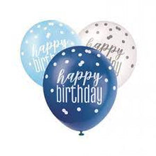 Load image into Gallery viewer, 12&quot; Glitz Light Blue, Royal Blue, &amp; Pearl White Latex Balloons &quot;Happy Birthday&quot;
