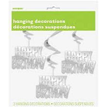 Load image into Gallery viewer, Happy Birthday Silver Hanging Swirl Decorations Pk 3
